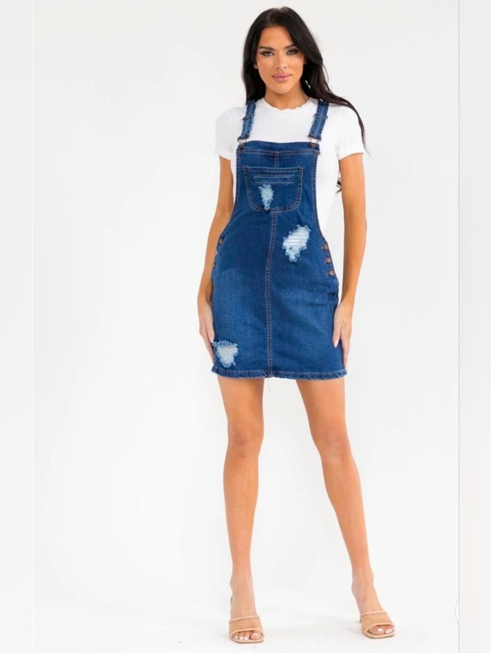 Distressed Denim Overall Dress - With Stretch